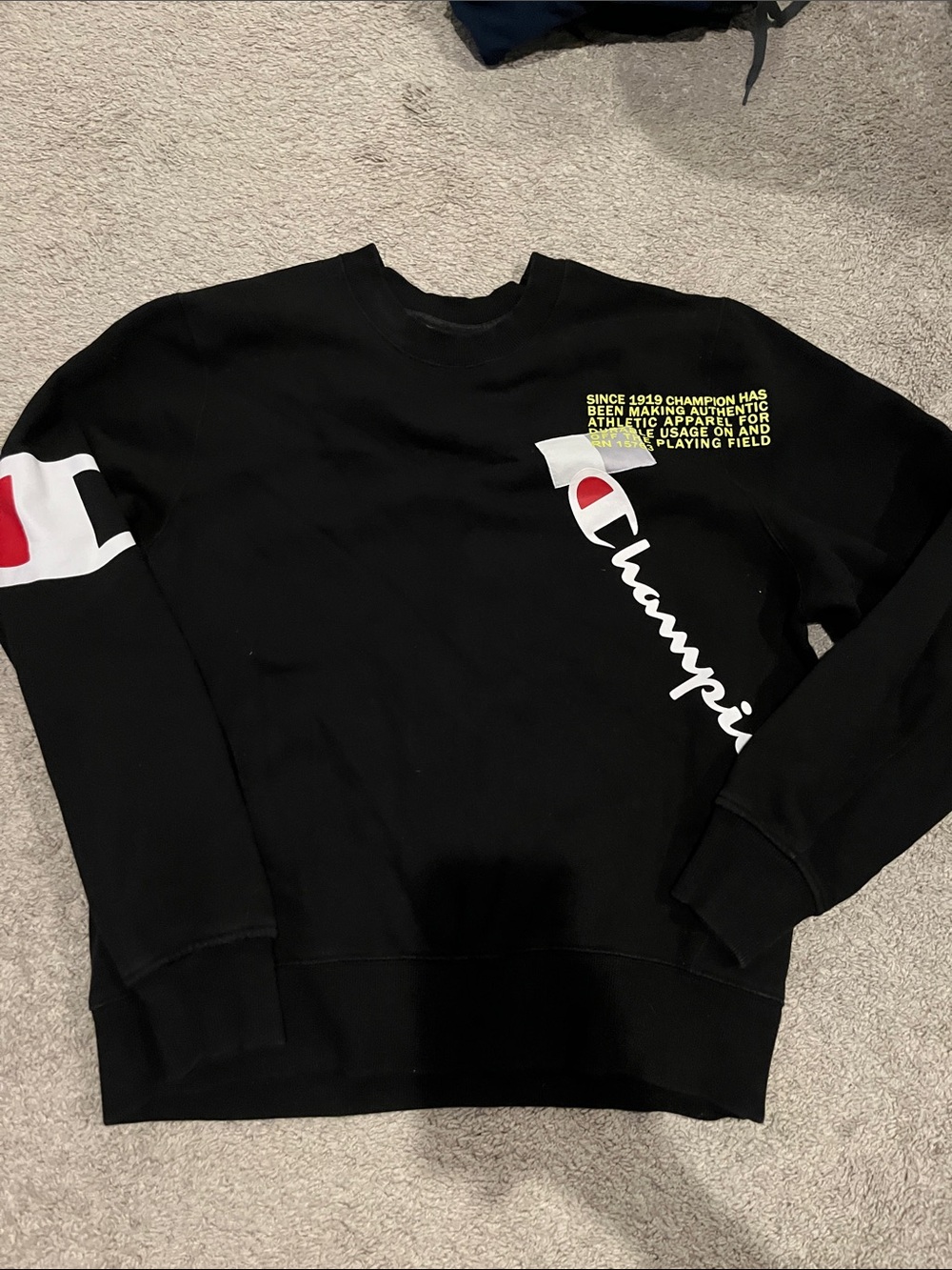 Champion Black Crewneck Sweatshirt with White and Red Logo